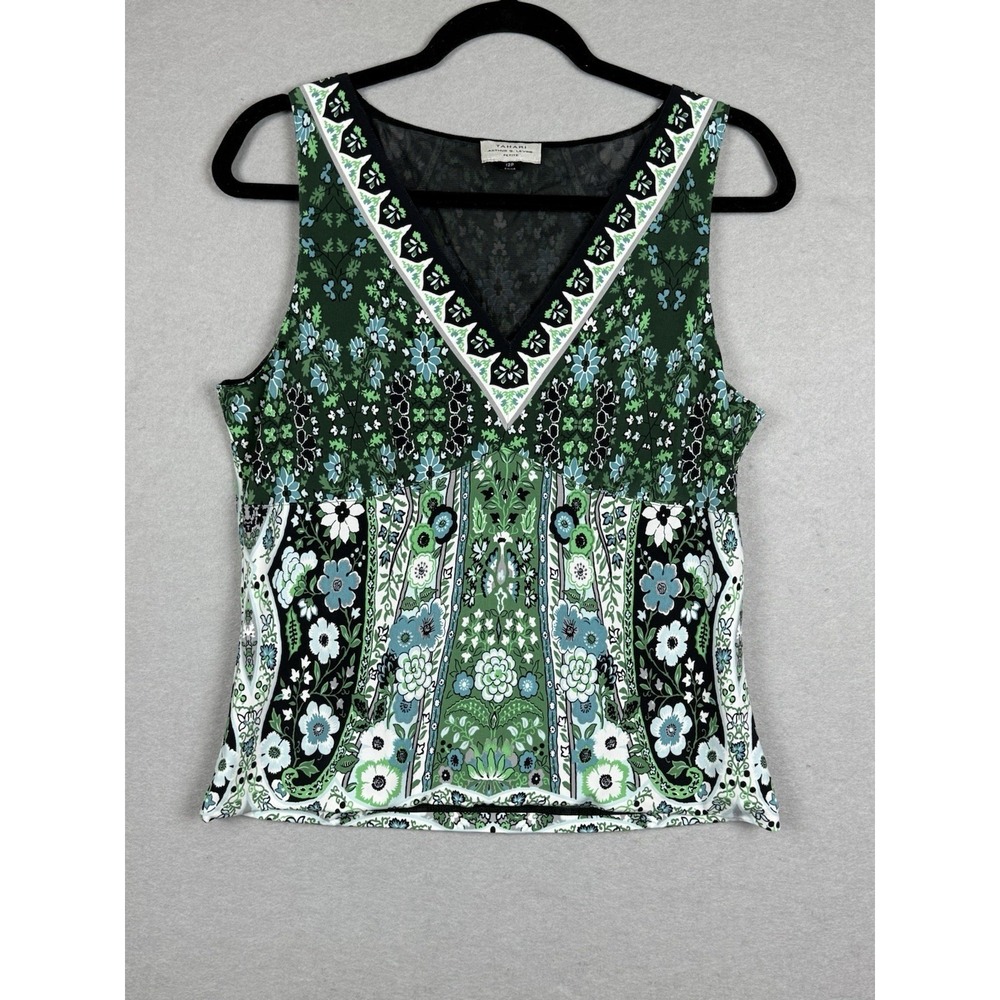 Y2K Style Tahari Size 12 Petite V-Neck Tank Top Green &‎ Black Whimsy Floral
